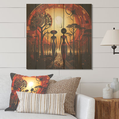 Yellow And Red African Woman Landscape - African On Wood Print
