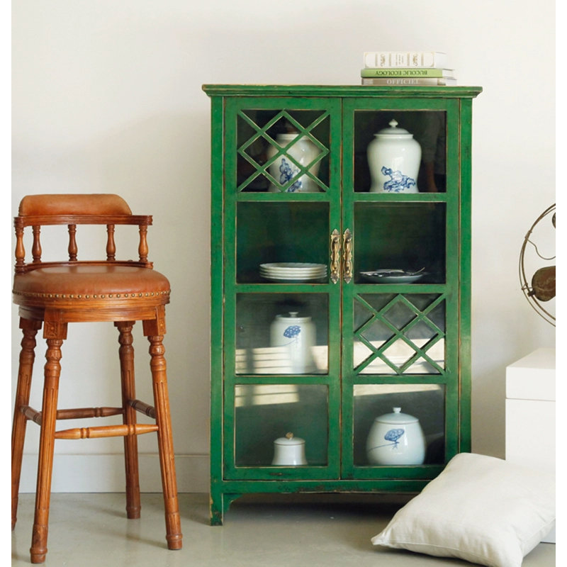 Green Solid Wood Display Cabinet With Glass Doors