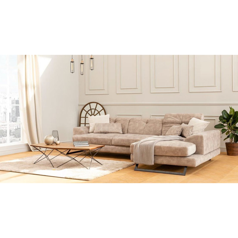 Elegant Corner Sofa with Adjustable Backrest, Beech Wood Frame & 100% Polyester Fabric, 74.8 x 119.6 x 36.2 inches | Includes 5 Cushions, Dry-Cleanable, Sturdy Matt Black Metal Legs, Soft Grey Foam | Modern Ecru Design for Living Room