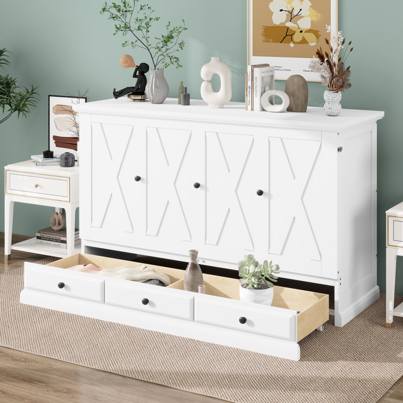 Lit escamotable pleine grandeur, armoire de rangement en bois de pin massif avec base de lit escamotable avec station de charge et grand tiroir de rangement