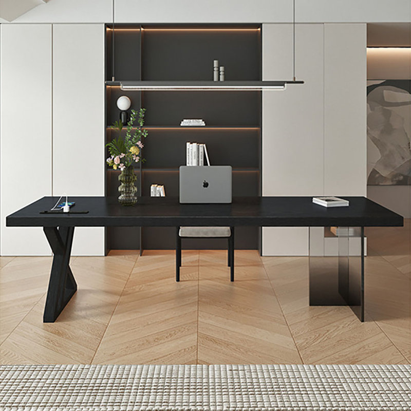 Bureau en bois massif noir: pieds en acrylique, H 29,5 po x l 94,5 po x P 39,4 po