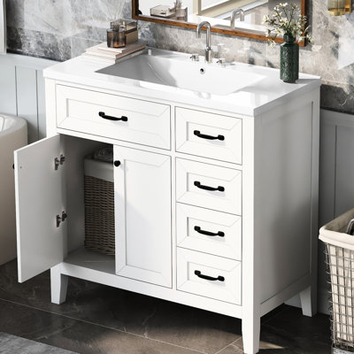 Armoire de salle de bain blanche 36 po - autoportante avec lavabo en céramique, tiroirs, meuble-lavabo et lavabo inclus