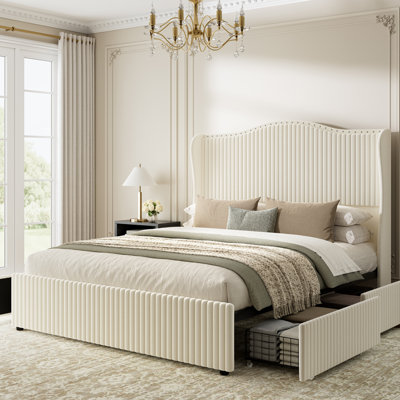 Upholstered Wingback Bed with 4 Storage Drawers & 54" Tall Headboard, No Spring Box Needed, Easy Assembly