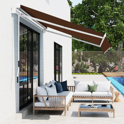Retractable Sunshade Awning 13' X 8', & Water-, Manual Crank, Coffee Brown For Patio Attractive 8' Balcony Awning, Deck Yard