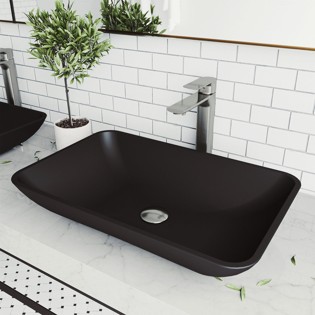 Donatello Golden Greek Glass Rectangular Vessel Bathroom Sink VIGO Sink Finish: Black Matte Shell