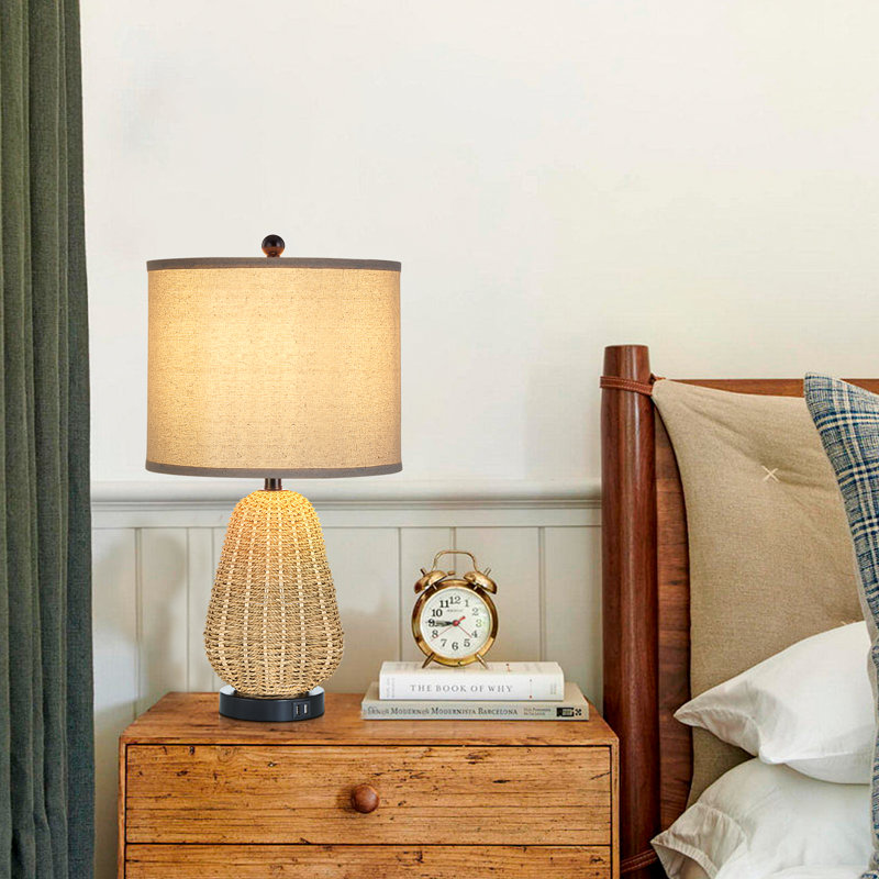 Inaya 22.8 in. Rattan Table Lamp with Dual USB Ports