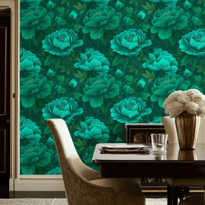 Floral Wallpaper Teal Vibrant Decorative Mural
