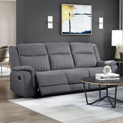 Contemporary Style Reclining Motion Sofa Gray Microfiber Upholstery Solid Wood Furniture 1pc 3-Seater Couch