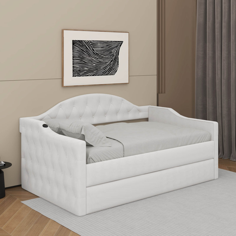 Twin Tufted Velvet Upholstered Daybed With Trundle, Beige
