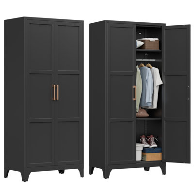 Metal Wardrobe Cabinet With Hanging Rod, 71" Metal Clothing Storage Cabinets With 2 Doors And Adjustable Shelves, Black Armoire Wardrobe Closet For Be by Winston Porter
