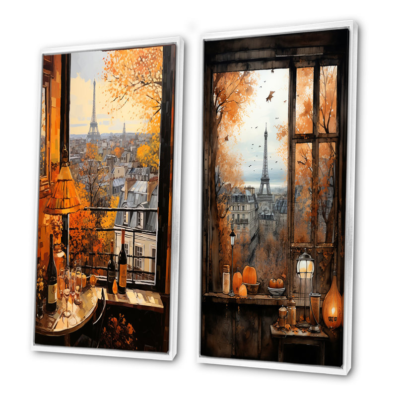 Retro Paris Window View IV - Paris, art mural sur toile, ensemble de 2, Cadre flottant blanc, H 40 po x l 41 po