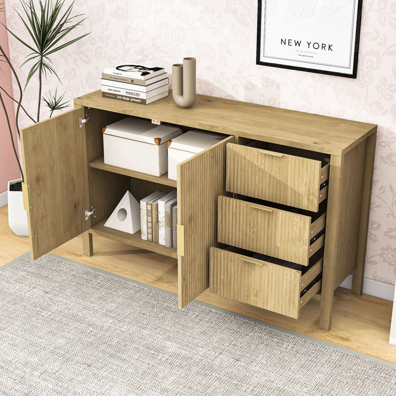 Stylish Wave-Pattern Sideboard Buffet Cabinet with Adjustable Shelf, Drawers, Hooks and Ample Storage, Natural