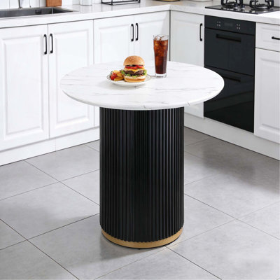 Table de salle à manger de 46 pouces en faux marbre, base en métal noir Wave avec décoration dorée - pouvant accueillir 4 personnes pour la cuisine et la salle à manger
