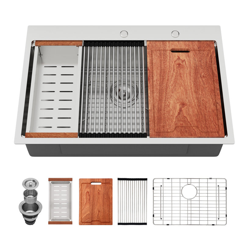 33" L x 22" W Drop-in Workstation Kitchen Sink 16 Gauge Stainless Steel Kitchen Sink Topmount Sink, Stainless Steel