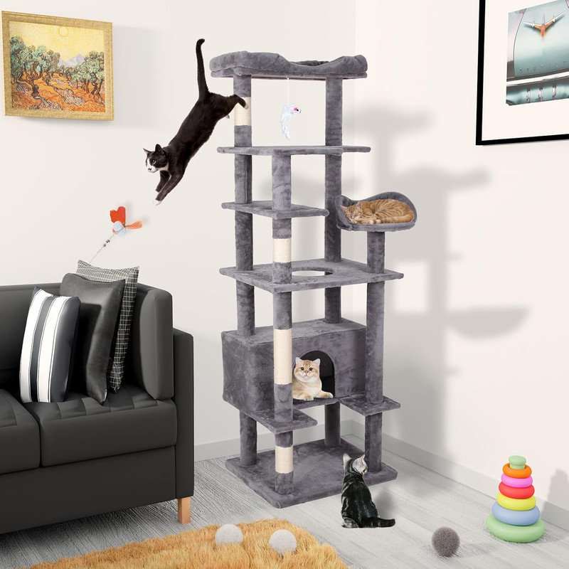 Arbre à chat pour chats d'intérieur, arbre à chat multi-niveaux en peluche avec poteaux à griffer et perchoir supérieur, condo pour chats d'intérieur avec échelle d'escalade, tour d'escalade pour chat, maisonnette pour animaux de compagnie