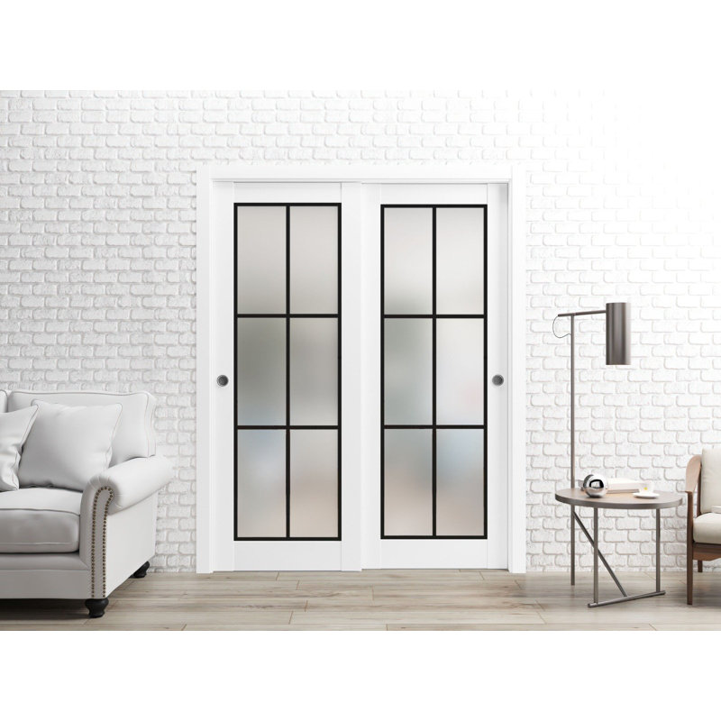 Portes coulissantes de placard avec quincaillerie Planum 2122 Blanc Soie avec verre dépoli, rails robustes, moulures, garnitures, ensemble de quincaillerie, portes de placard de chambre modernes en bois massif - 122 cm x 203 cm (2 x 61 cm x 203 cm) - Verre dépoli