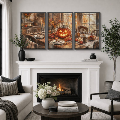 «Rustic Jack O Lantern», art de la salle à manger, photos de la salle à manger, impression sur toile encadrée, impression sur toile, 3 pièces 