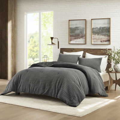 Full/Queen Waffle Washed Comforter - 3Pcs, Special Texture, 100% Cotton Sides, Vintage Look, Fabric, Fill For All Seasons, Safe And Easy To Care Charcoal 3Pcs , Different Weave, Oversized Coverage,