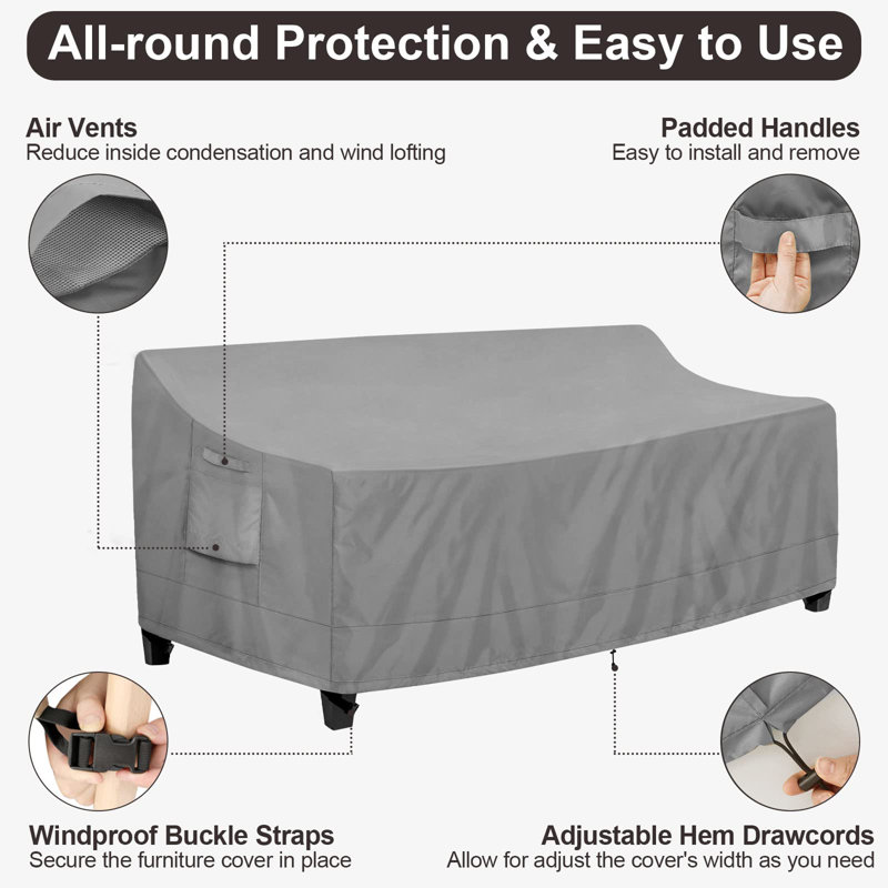 Gray Waterproof 3-Seater Outdoor Couch Cover with Air Vents and Handles