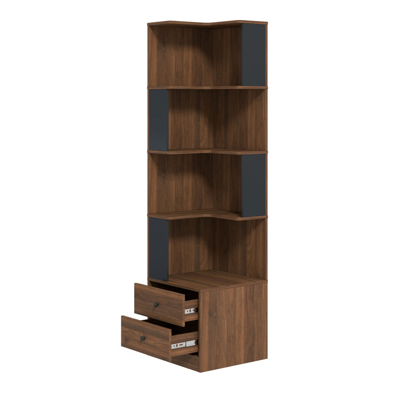 Bibliothèque d'angle avec rangement, tablette à 4 niveaux en MDF et bois, éclairage DEL moderne