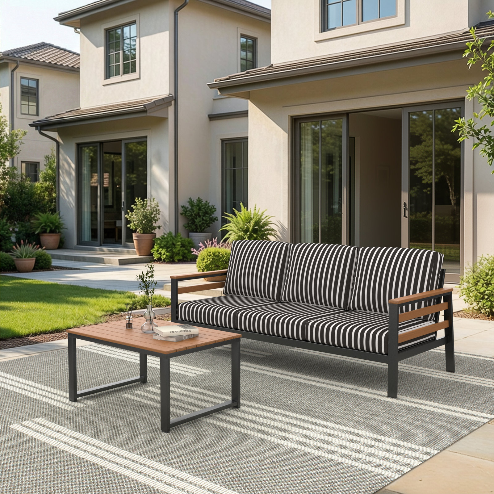 Townsend 80" Sunbrella® Patio Sofa, Black/White, Antique Mahogany