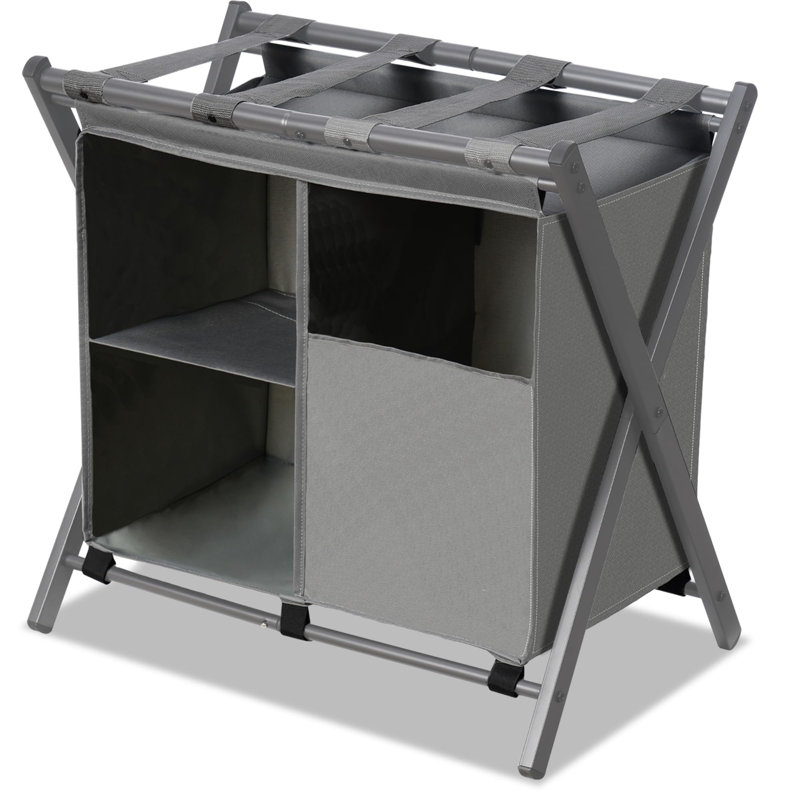 Gray Steel Folding Luggage Rack with Laundry Bag