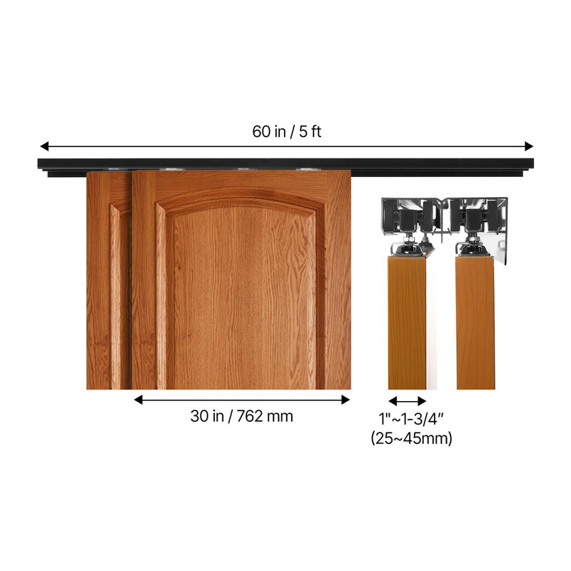 Ensemble de quincaillerie de porte coulissante de dérivation, quincaillerie de porte de contournement à double rail en alliage d'aluminium de 5 pi, coulissante douce et silencieuse, facile à installer, pour un système de 2 portes d'une épaisseur de 1 po à 1 3/4 po d'épaisseur et de 30 po de largeur, pour placard