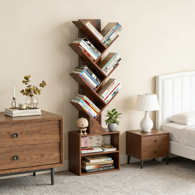 10-Shelf Tree-Design Bookcase, Bookshelf For Tight Spaces, Floor-Standing Storage Organizing Unit For Books, Tall Freestanding Bookcase Forhome Office