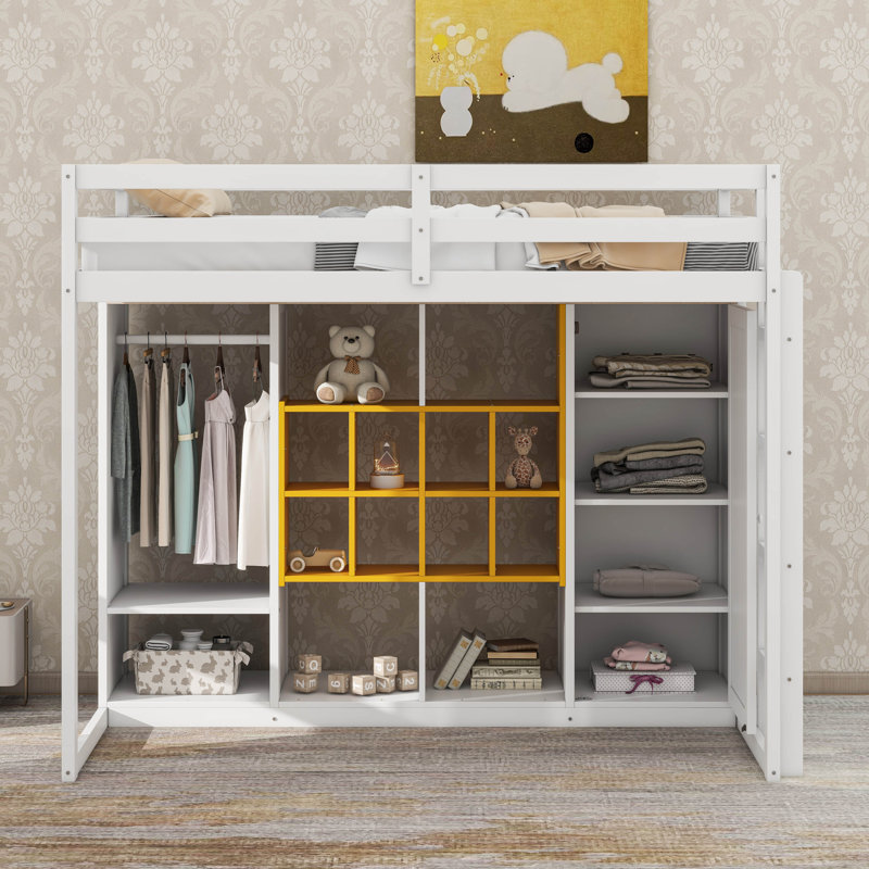  Wood Loft Bed With Wardrobe, Storage Shelves And Cabinet, White/Yellow, Twin