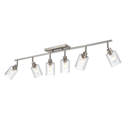 Modern Complete Track Lighting Kits 6 Lights Brushed Nickel Vanity Light With Seeded Glass Shade,Industrial Inddoor Ceiling Spot Light Fixtures Kitchen Track Lights With Flexibly Rotatable Light Head