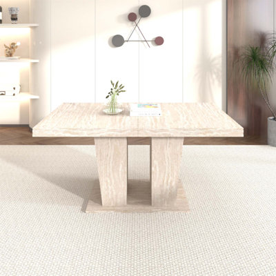 Table de salle à manger rectangulaire extensible avec motif de travertin veiné, convenant à 6 à 10 personnes, conception simple et élégante (table seulement)