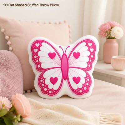 Adorable Pink Butterfly Vintage Peacock Butterfly Design with Heart Motifs 2D Flat Printing Shaped Stuffed Throw Pillow, Perfect for Sofa Bedroom Living Room Cozy Home Decor for Office And Car, Throw Pillow Gift, 2D Flat, 11.81inch