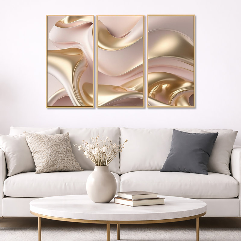 Subtile sophistication en rose exquis et or VI - 3 pièces sur toile, Cadre flottant noir, H 28 po x l 36 po