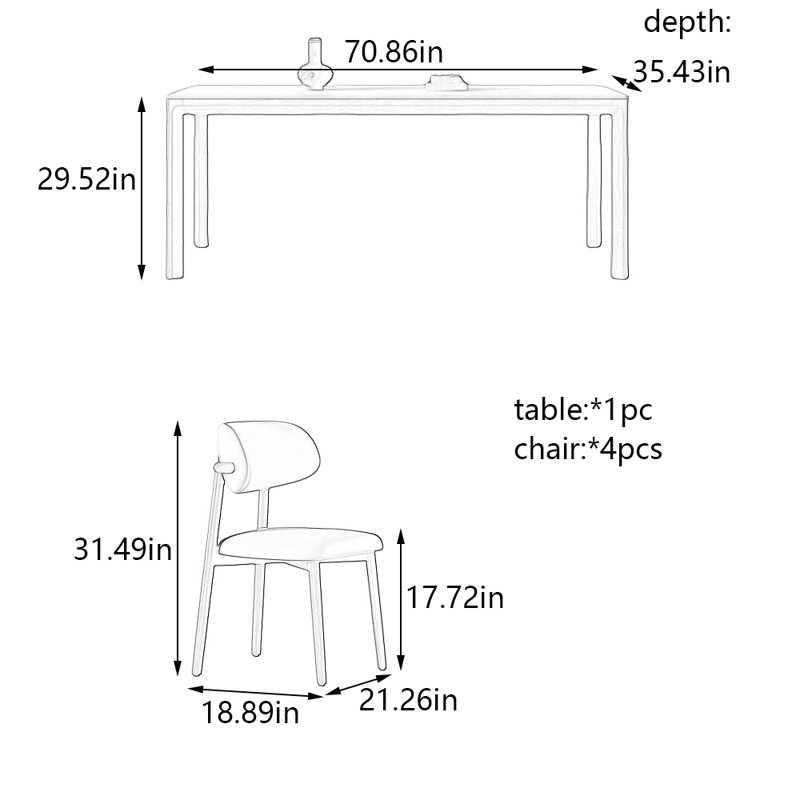 Ensemble de table de salle à manger et de chaises en bois massif, H 29,52 po x L 70,86 po x l 35,43 po