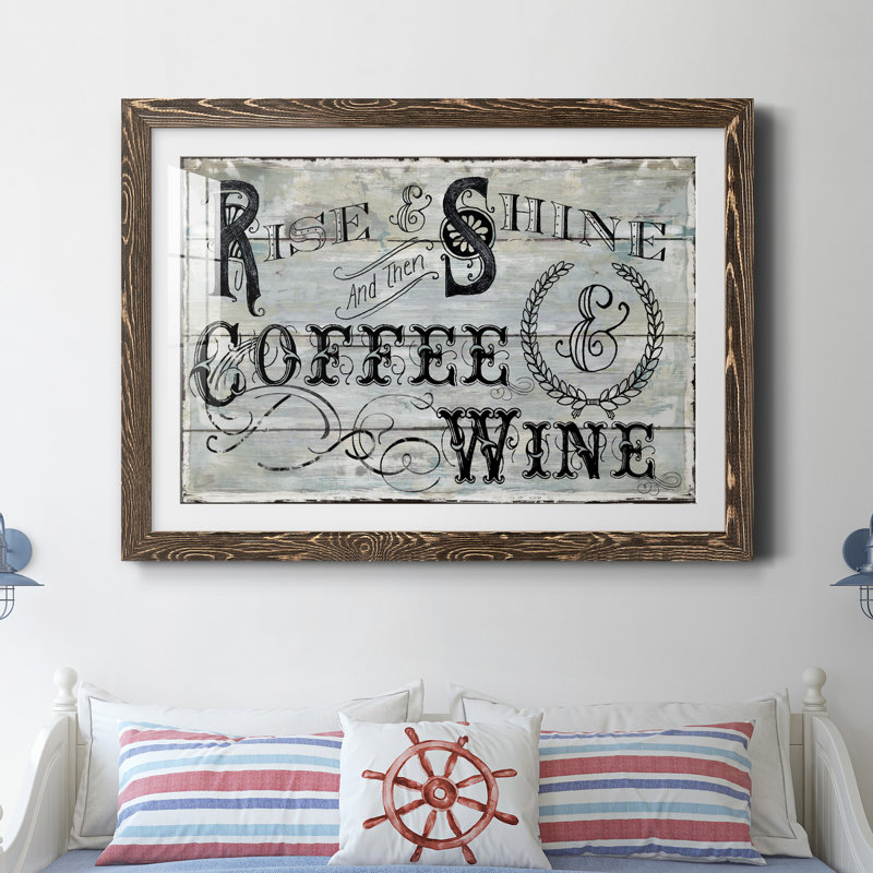 «Rise Shine Wine», reproduction d'art graphique sur papier encadré, H 31 po x l 44 po x P 1 po, Encadré de bois de noyer