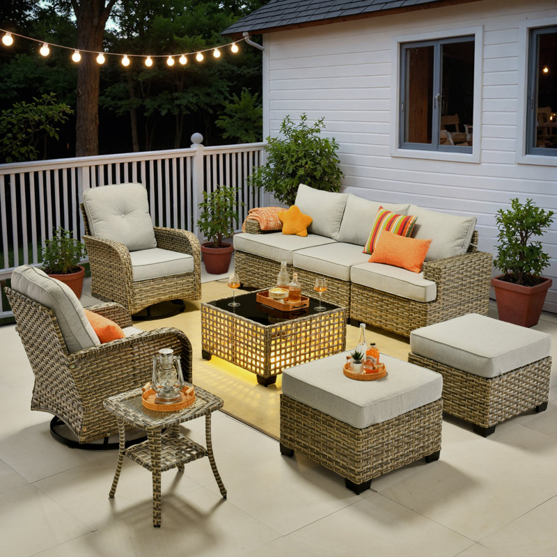 Wahkon Wicker/Rattan 5 - Person Seating Group With Swivel Chairs and Cushions, Light Gray