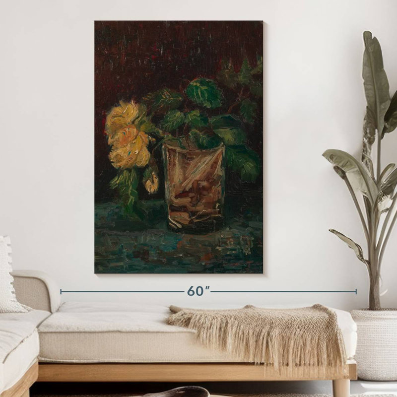 Verre avec roses jaunes, H 51 po x l 34 po