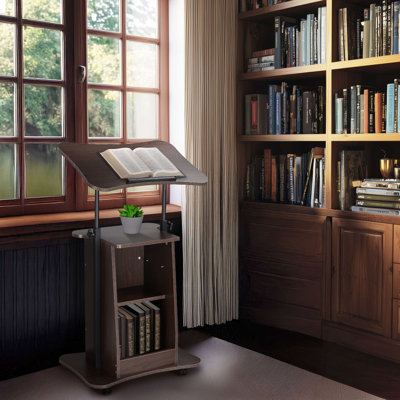 Wood Lectern Podium Stand with Detachable Storage Shelf Height Adjustable Tilting Desktop Portable Rolling Laptop Cart on Wheels Mobile for School Church Office Speech Brown