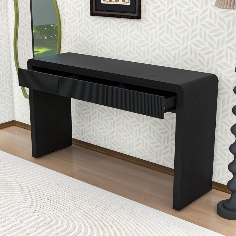 Rustic Minimalist Wooden Console Table with Storage Drawers, Adjustable Feet and Curved Edge Design, Black