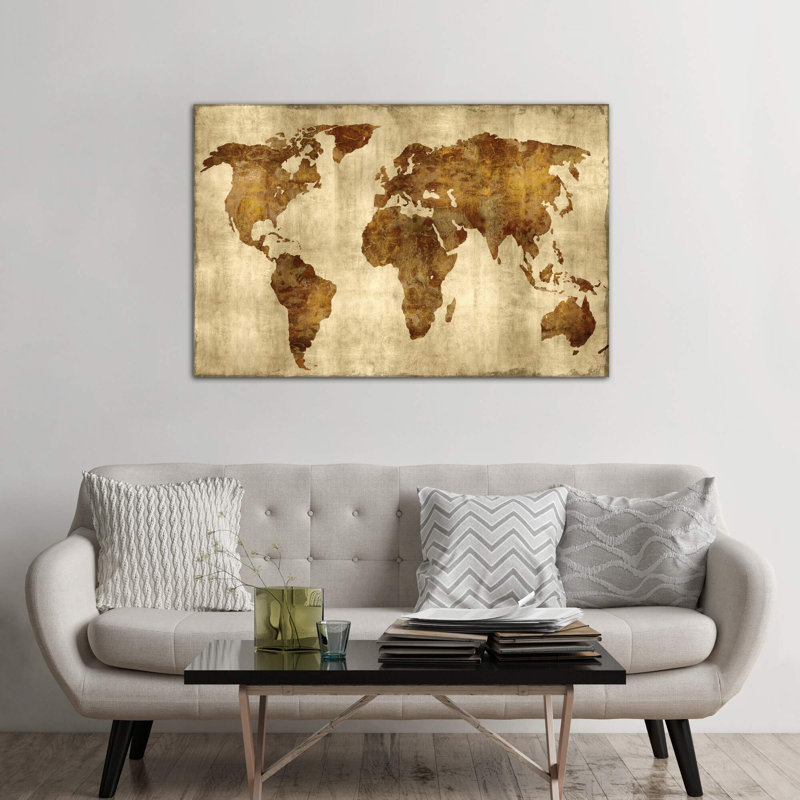 The World - Bronze On Gold by Russell Brennan - Print on Canvas, 101.6 cm H x 66.04 cm W, Black Floater Framed