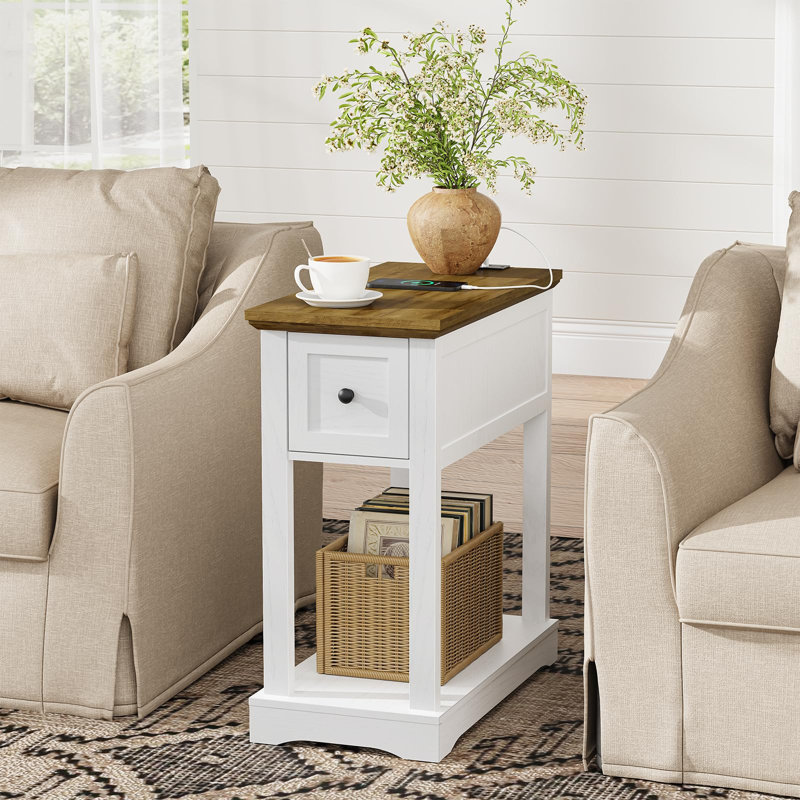 Ensemble de 2 tables de bout Farmhouse avec station de charge, table d'appoint étroite avec tiroir et tablette ouverte