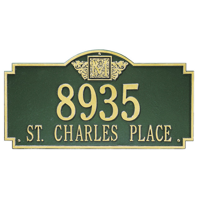 Plaque d'adresse murale monogramme à 2 lignes, Vert et or, Oui, 1