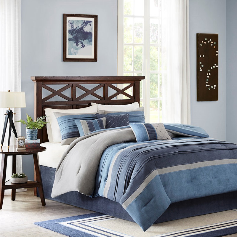 Édredon 7 pièces bleu marine pour lit très grand avec tissu en microsuède et 2 taies décoratives plissées