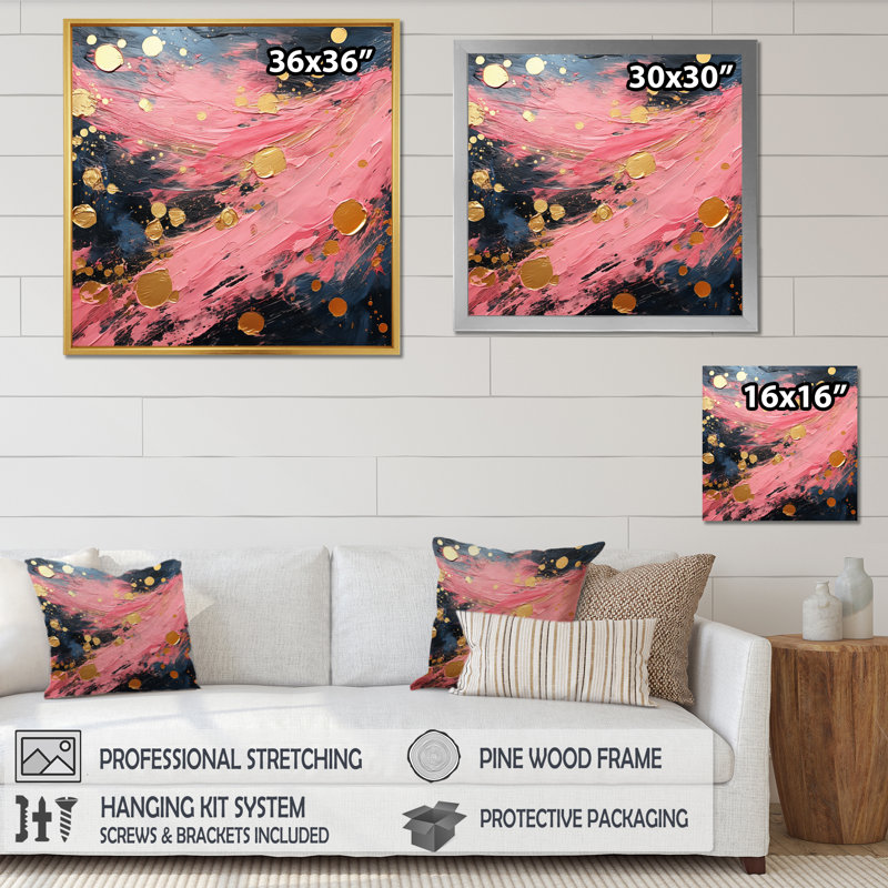 "Réjouir dans l'amour", rose et or, peinture abstraite, H 24 po x l 24 po x P 1 po, Cadre simple gris