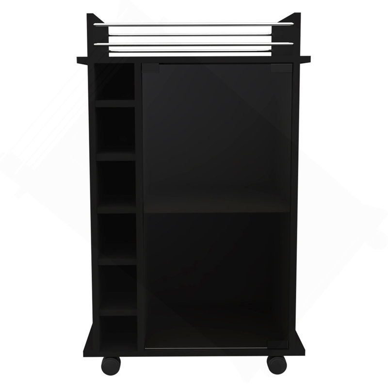 Chariot-bar, deux tablettes, six supports à vin intégrés, quatre roulettes, Black, 16.3" H x 16.3" W x 21.6" D