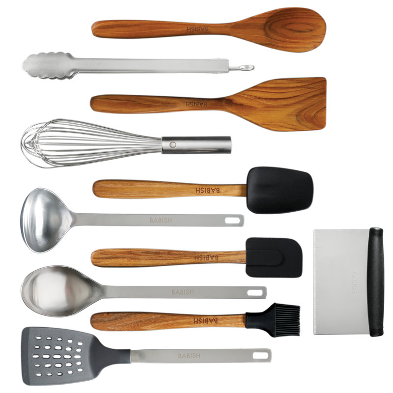 Babish 11-Piece Teak Wood, Silicone, and Stainless Steel Cooking Tool Set