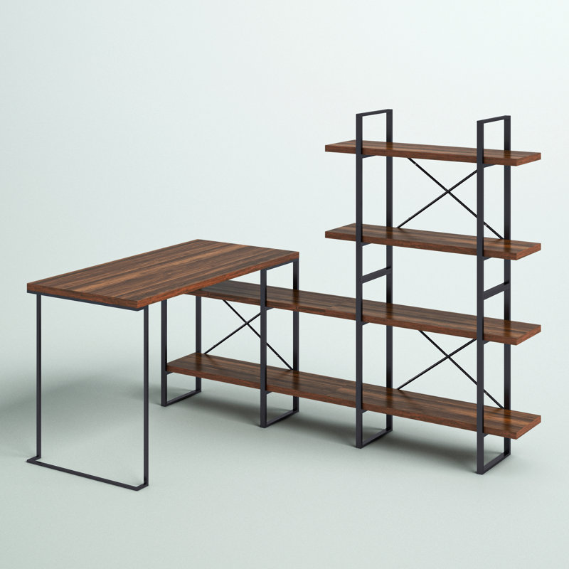 Antique Wood and Black Metal L-Shaped Writing Desk with Shelves