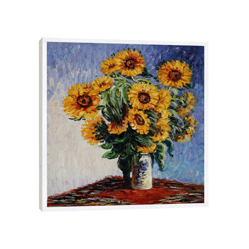 Sunflowers by Claude Monet - 1 Piece Floater Frame Painting on Canvas, 45.72 cm H x 45.72 cm W, White