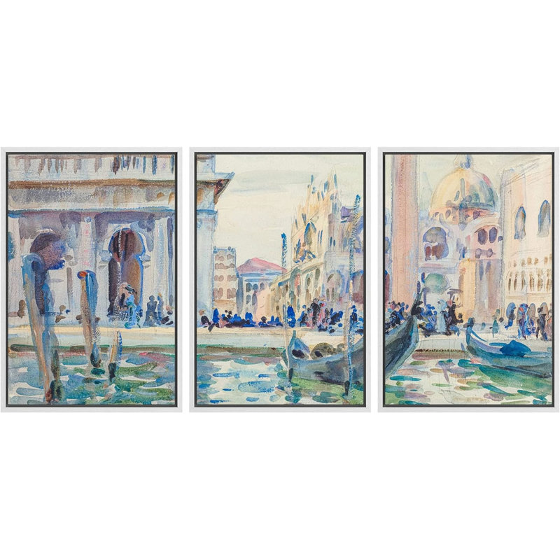 Aquarelle, gondole italienne de Venise, 3 pièces, H 36 po x l 24 po x P 1,5 po, Blanc