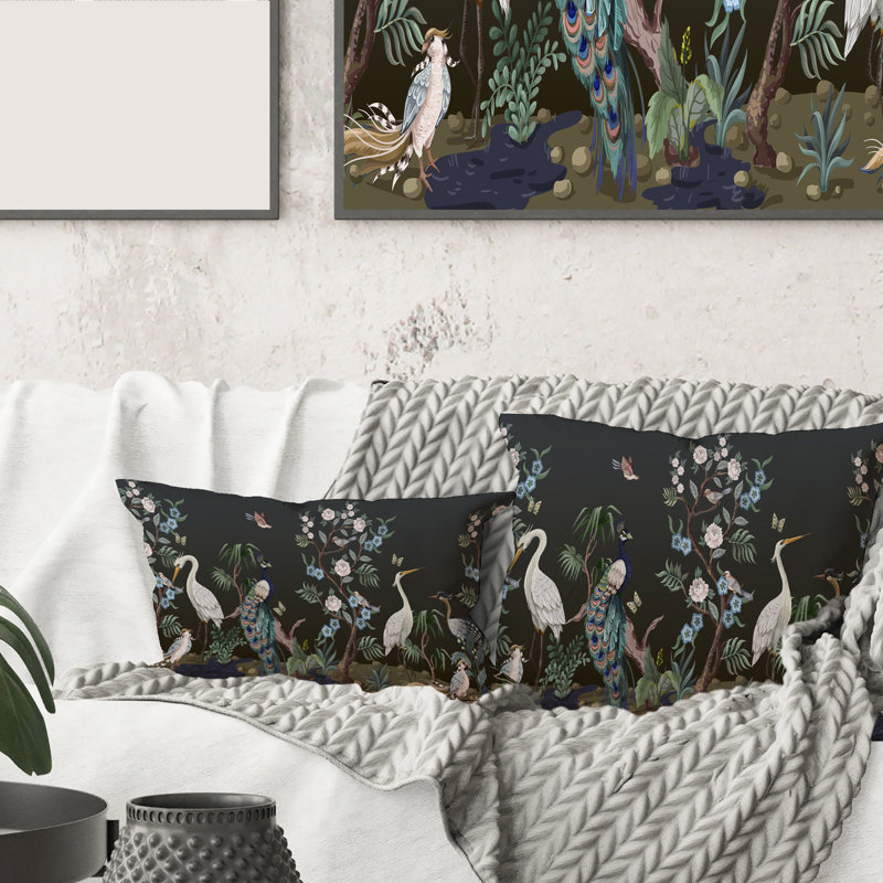 Rectangle, chinoiserie avec oiseaux et pivoines IV - Coussin décoratif traditionnel